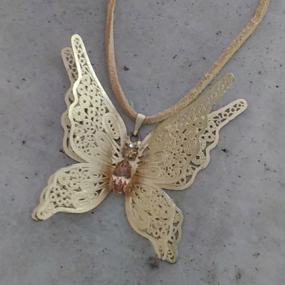 Boho 3D laser cut butterfly necklace. Matte gold